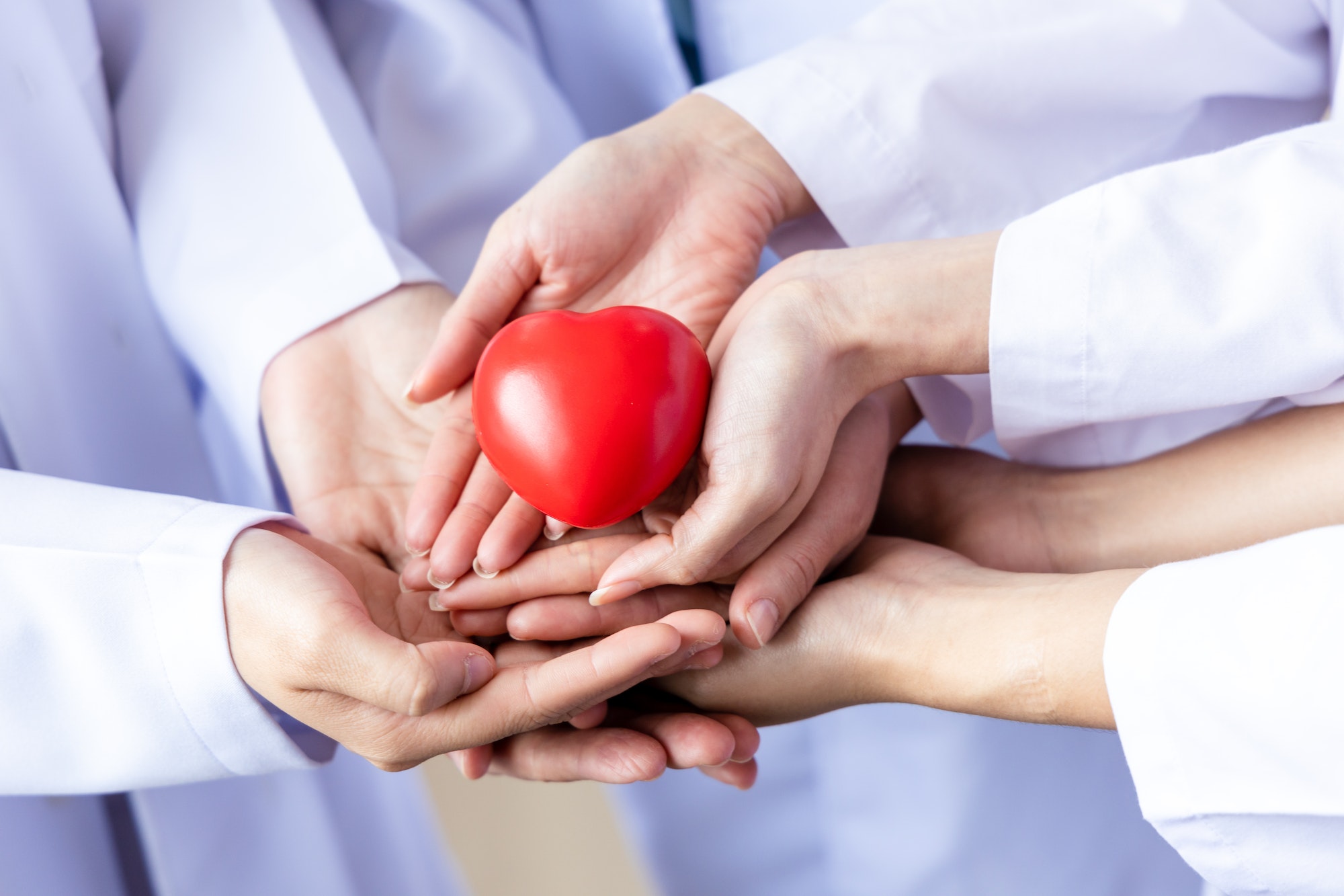 Group of hands holding a red heart. Hand of doctors. donate and insurance, insurance health care